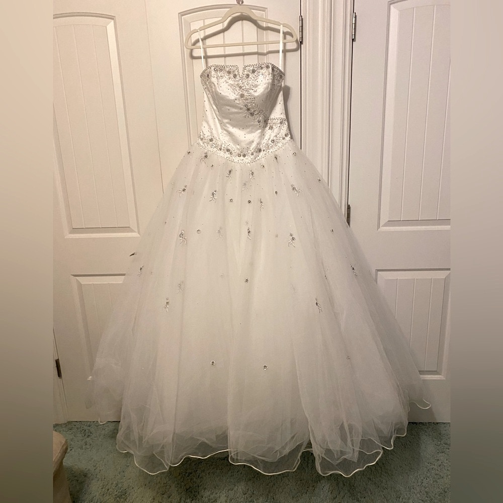 Mori Lee White Strapless Ball Gown with Beaded Embellishments
